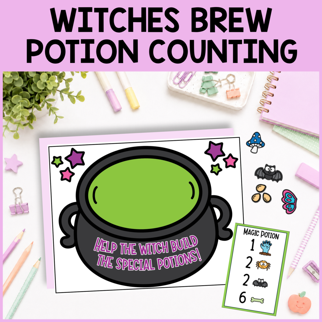 Witches Brew potion counting activity with cauldron and Halloween recipe card