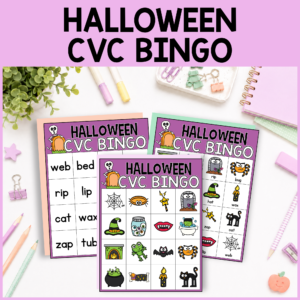 Free Halloween CVC Bingo printable with picture-only, picture and word, and word-only bingo cards