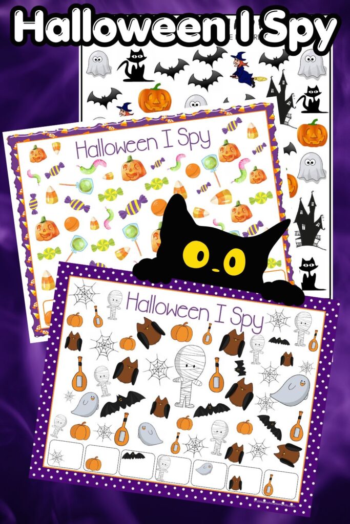 Halloween I Spy printable for kids with pumpkins, candy, bats, ghosts, and mummies