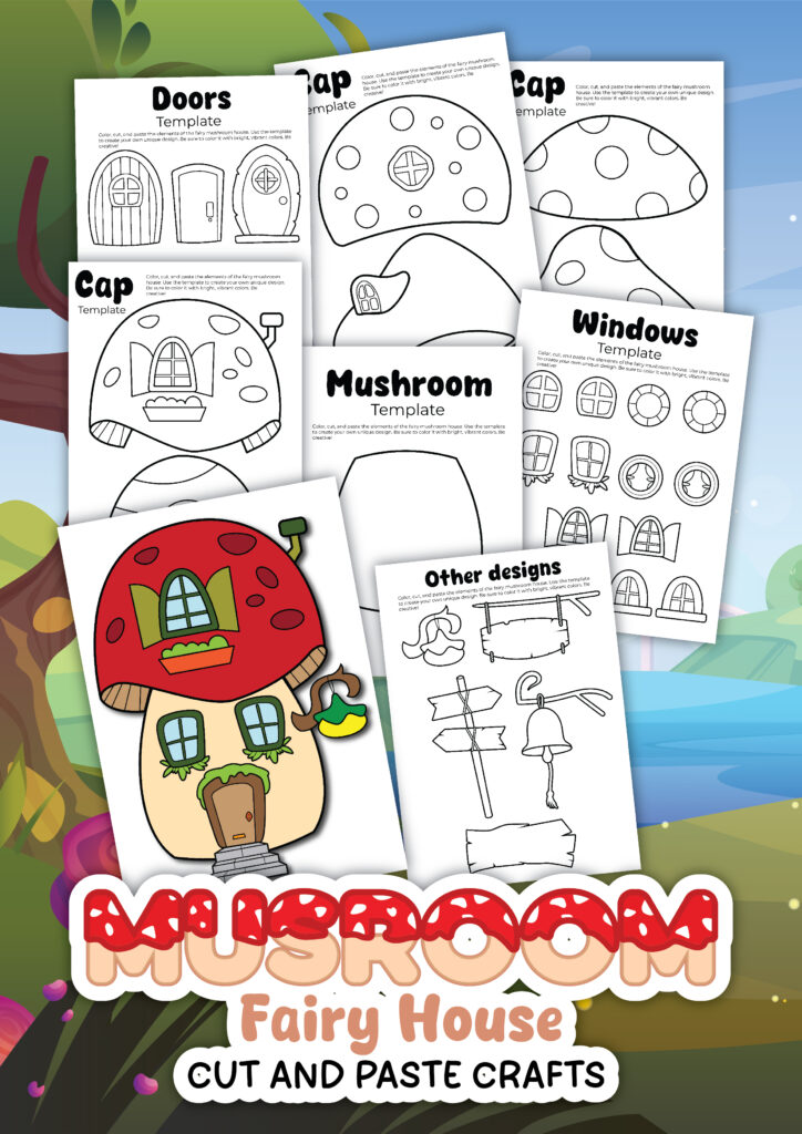 Printable mushroom fairy house craft for kids with colorful paper pieces