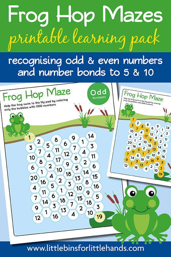 Printable frog math mazes for odd and even numbers and number bonds